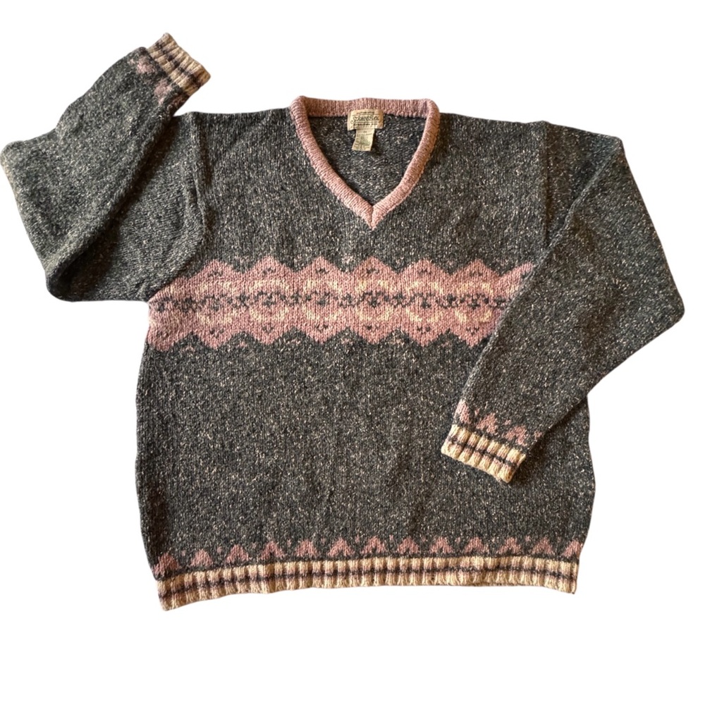 Vintage St Johns Bay Sweater V-Neck Pink Gray Wool Blend Sweater Size 2X